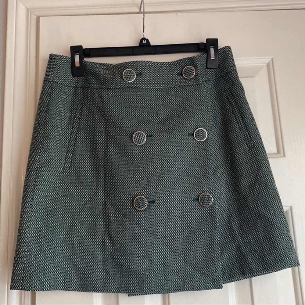LOFT Ann Taylor Green Double-Breasted Tweed Mini Skirt, Sz 12